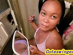 #Im in Pigtails Asian on toilet & loves big cock & gulping jizm