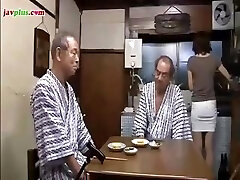 Young Chinese stepdaughter serves daddy and his friend then gives him a bath