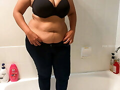 Sexy and Curvy Cougar Strip Teasing and taking Bath Naked