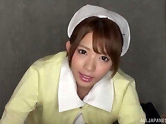 POV video of Asian nurse Mari Rika giving a deep throat to a stranger