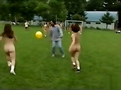 Naked Asian girls play soccer with the studs