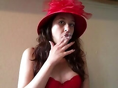 Sexy Goddess D Smoking VS 120 Vintage Style Crimson Hat and Bra Red Lipstick