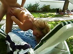 Hot blonde with white stockings on sucks and fucks outdoors
