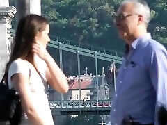 Old horny man seduces cute and sexy brunette Irina Bruni to