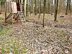 Clamps on labia walking through the forest