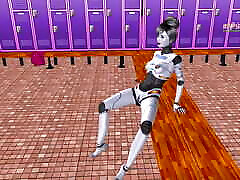 ein animiertes 3d-cartoon-pornovideo - ein sexbot-robotermädchen, das sexy posen gibt und dann einen schwanz eines mannes in umgekehrter cowgirl-position reitet