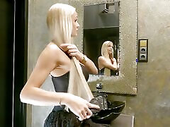 Sexy and Horny Big Boobs Blonde Housewife No Panties Shows Pussy and Her Nice Bare Ass