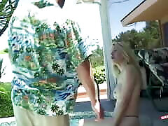 Horny blonde Suband has wild sex beside the pool after getting her waif faking big koc licked