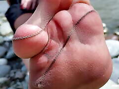 Goddess In Tan Nylons Show Her Cute thirf anal Soles And Toes On The Riverside