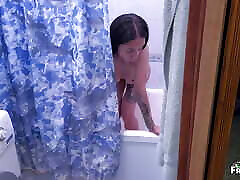 Stepson spies on his new indian lasbian in the shower, stepmother suck two dicks, creampie in stepmom