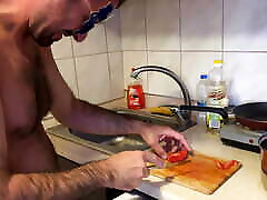 Earl cooks naked in the kitchen