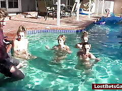 Four Girls Are in the Pool Sucking and Riding on One Lucky Cock