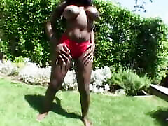 After the Outdoor Striptease This Black Girl with Fake Tits Got a Double Penetration Indoors