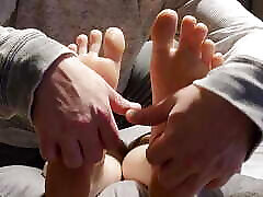 He plays and tickles her feet all night long