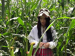 Security guard catches solo big boy thief in cornfield and gives her a blowjob-ticket on the spot