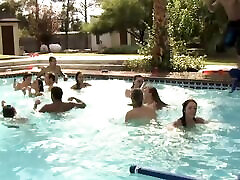 Adrianna Luna and Mia Gold pool party into an outdoor group sex fuck fest.
