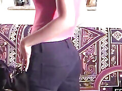 Black beauty plays with pink retro dildo