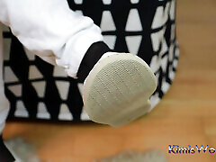 White Jeans, Black Reinforced Toe Stockings & White Espadrilles - Shoeplay & Dangling White Jeans, Black Reinforced Toe Stockings & White Espadrilles - Shoeplay & Dangling