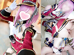 Genshin Impact Cosplaying Charlotte Cowgirl and Glove-Handjob Triple Finish