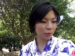 Japanese woman in kimono sucks cock outdoors uncensored.