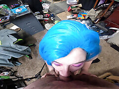 blue hair asian teen earns her mouthful of cum