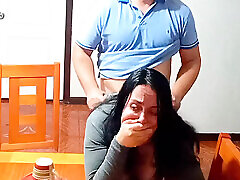 Sex before breakfast on the dining mom big titc with a stepmother taken by surprise