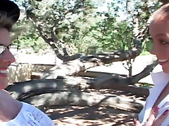 Cute Teen Seduced and Fucked in the Garden with a Strapon by a Busty Lesbian MILF