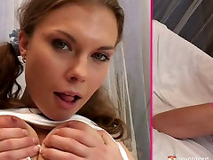 Brownhead chick with perky tits pokes her tight twat with smooth dildo