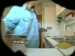 Fat and ugly matured wife changes her clothes in kitchen on spy cam1