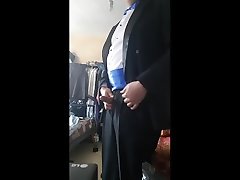wearing japanese grannyma with bow and blue colored gown