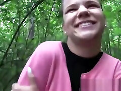 Nasty babe with natural tits rides fat dick in the woods