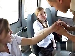 Lucky chaperon gets sucked off from two hot students and then fucks their pink pussy