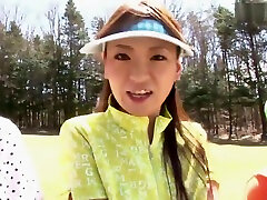 Golf whore gets teased and creamed by two guys