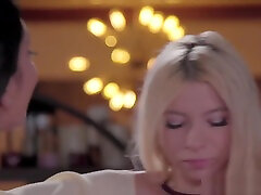 Blonde babe is fingered and scissor fucked