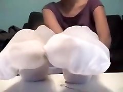 Sexy foot worship. White stockings. Smelly