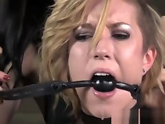 Restrained sub slut being canned by lez prodomme