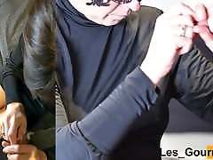 MILF sucks in black dress and gets cum on face