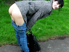 Skinny brunette flashes in public, sucks and fucks
