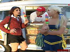 Two petite young chuby porn german pic girls in an FFM 3some in a car