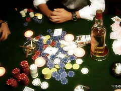 die freche brünette bekommt während eines vierers eine doppelte penetration auf einem pokertisch