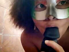 Chilean sucking deep a thick dildo, come fuck me in the bathroom
