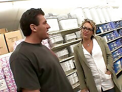 Chubby blonde cougar with glasses enjoying a fantastic cowgirl style fuck