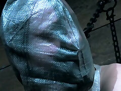 Adorable pale skin brunette suffocated with plastic bag and restrained in the wall