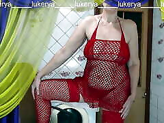 Hot housewife Lukerya in her favorite red fishnet outfit shows off her japan muncrat martubuasi body while flirting with fans in the kitchen
