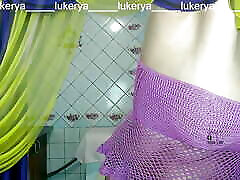 Hot housewife Lukerya loves to create erotic clothes with black gay twiz in different colors, complements the outfit with a leg de