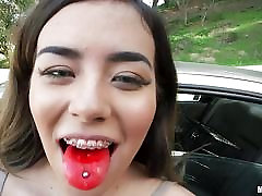 Cock slurping little brunette Amina Allure POV style