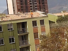 I Tease Two Roof Workers Next To My spanking wife before sex And Masturbate In Front Of Them