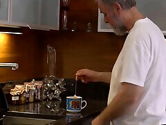 Skinny teen with small tits pleasuring a gray-haired old mans cock